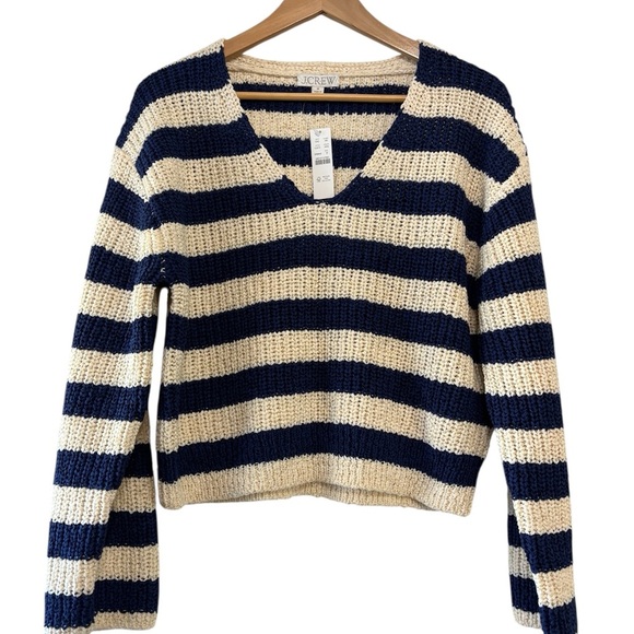 J. Crew Women's V-Neck Navy Cream Chunky Knit Sweater Nautical Fishermancore S - Picture 2 of 10